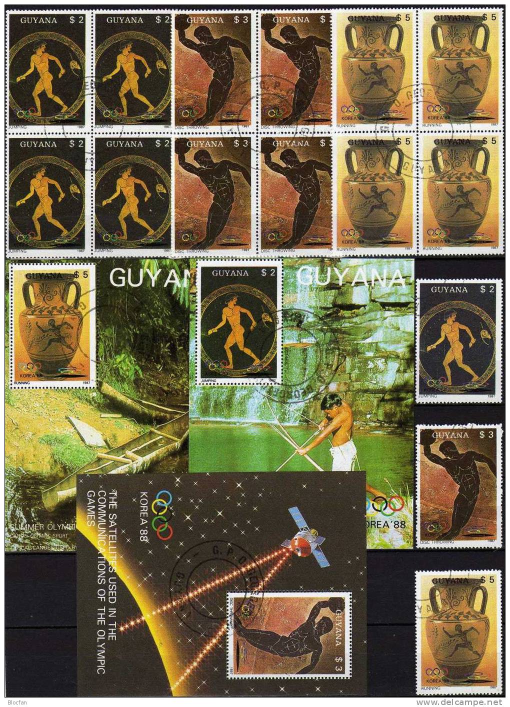 Sommer-Olympiade 1988 GUYANA 2061/3, 4-Block, Bl. A-C20 O 115€ Weitsprung Lauf Diskus Sheet Of America - Guyana (1966-...)