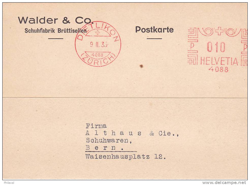 Entier Postal - Carte Correspondance De La Firme Walder & Co, Schuhfabrik Brüttisellen, Oblitérée Le 9.1.35 à Dietlikon - Ganzsachen