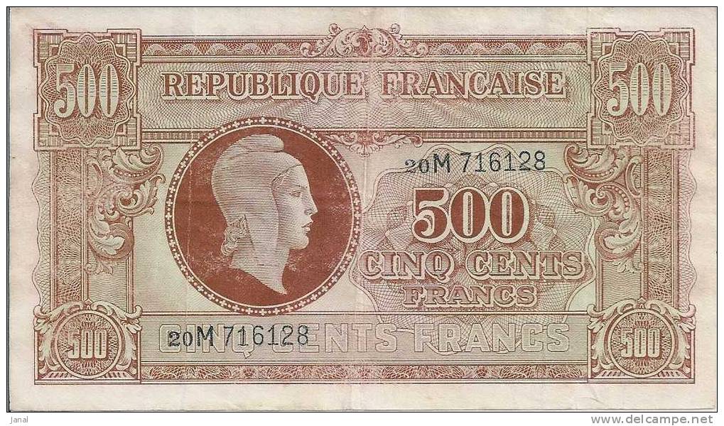 - FRANCE - BILLETS - TRESOR - 500 F - MARIANNE - 1943 -1945 - 20 M 716128 - - 1943-1945 Marianne