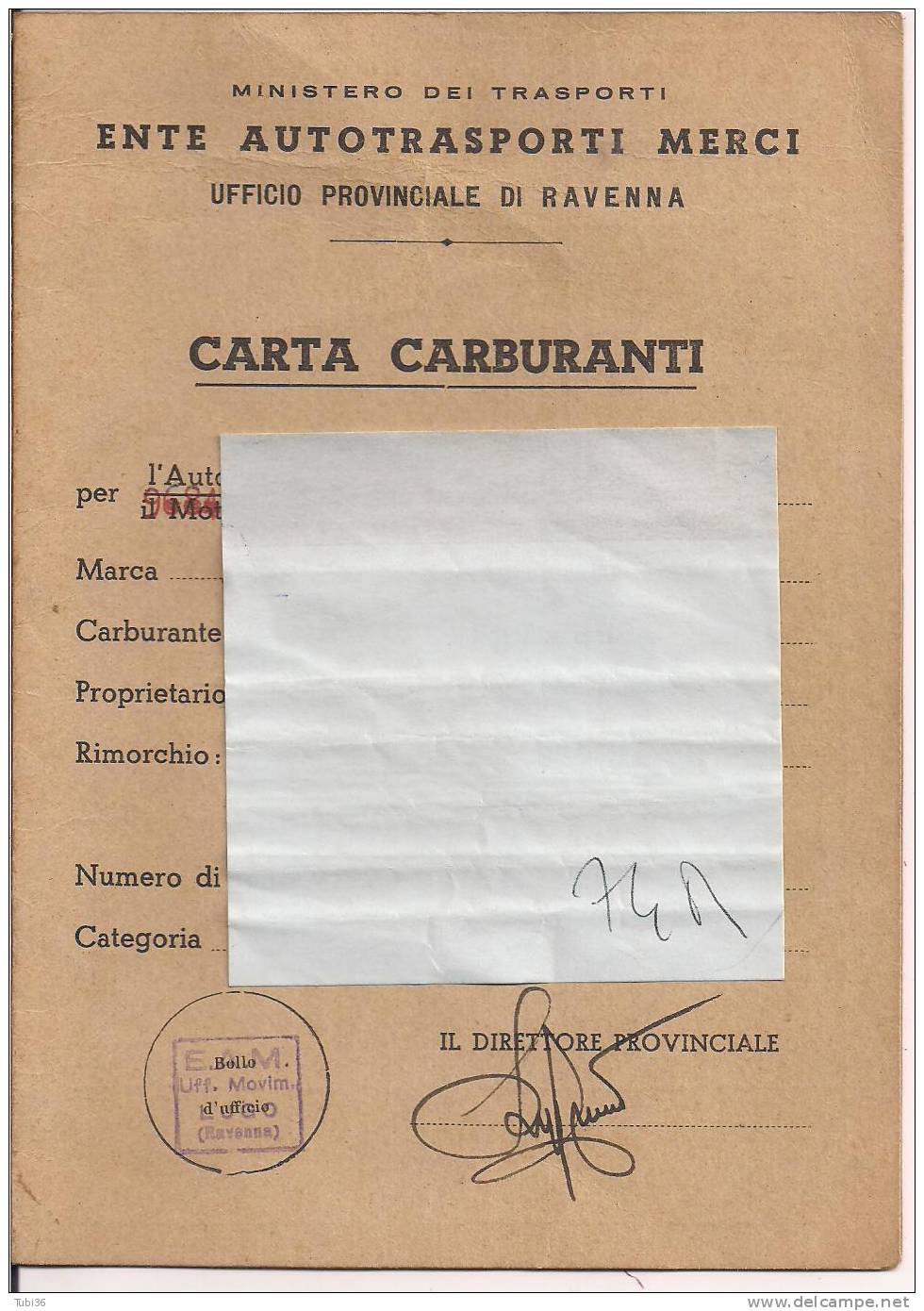 EAM -ENTE AUTOTRASPORTO MERCI - CARTA CARBURANTI  1946 - UFFICIO DI RAVENNA - Altri & Non Classificati