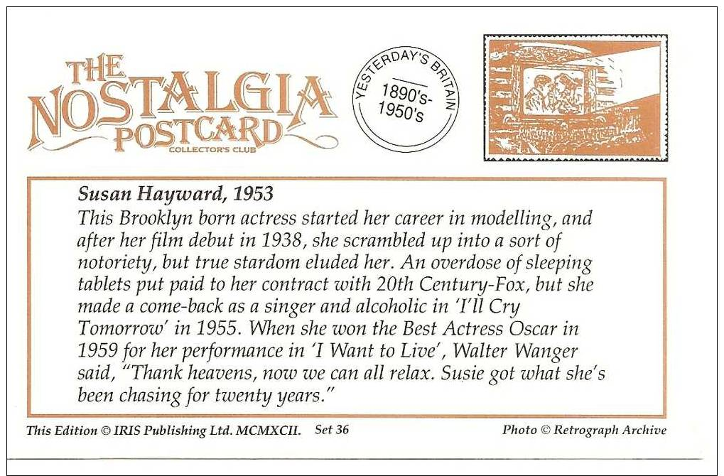 Nostalgia Series Postcard-Actress Susan Hayward 1953 - Famous Ladies