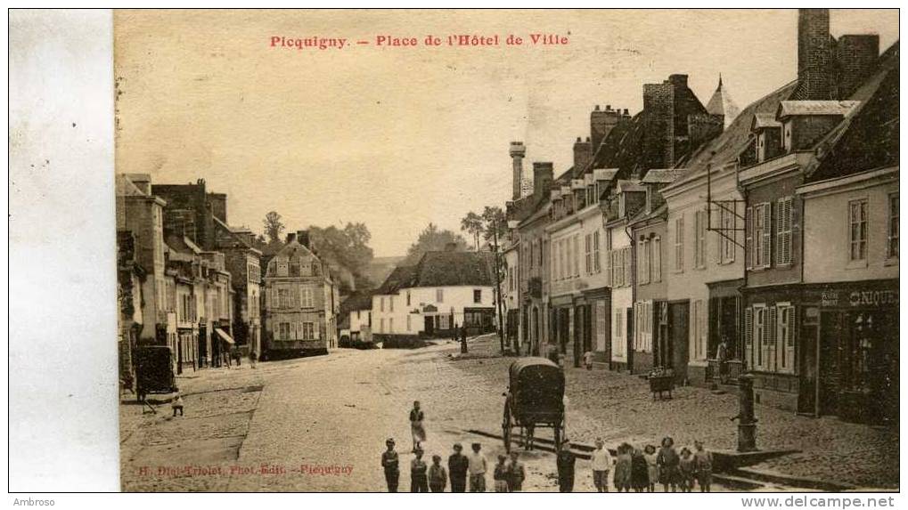 Picquigny   80  Place De L'Hotel De Ville  Tres  Animee Et Attelage Charette Et Pompe A Eau - Picquigny
