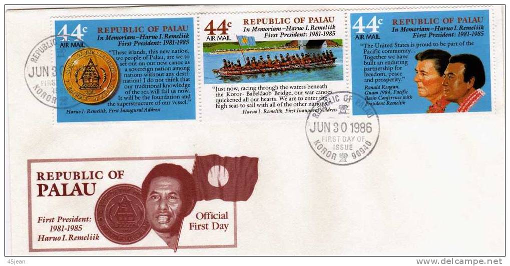 Palau: 1986 Très Belle Fdc Triptyque En L'honneur Du 1er Président, Timbre Avec Président Ronald Reagan - Palau