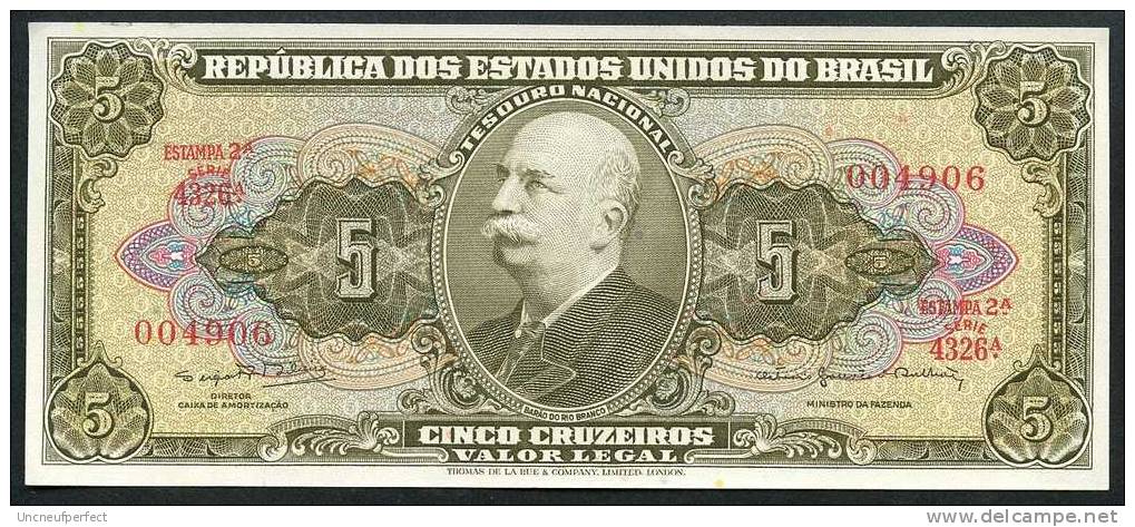 Brésil P 176d 5 Cruzeiros 1964  UNC Série 4326  N° 004906 - Brazilië