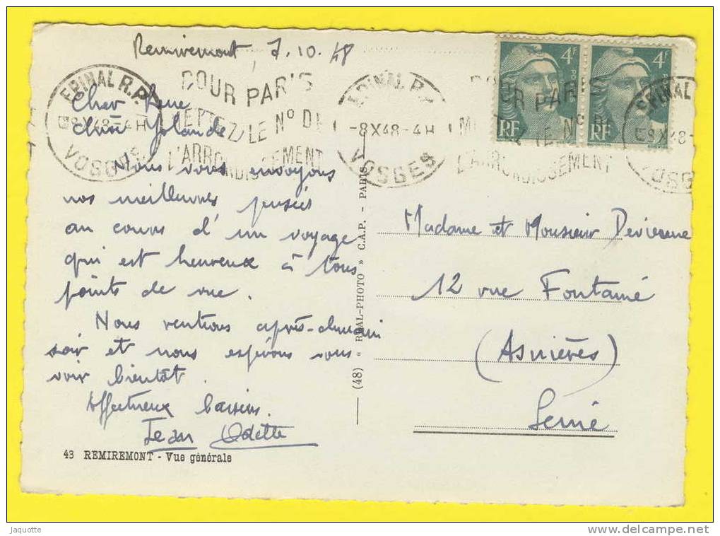 REMIREMONT - Vosges - N°43 - Vue Générale - Circulé 1948 - édit Real Photo - Remiremont