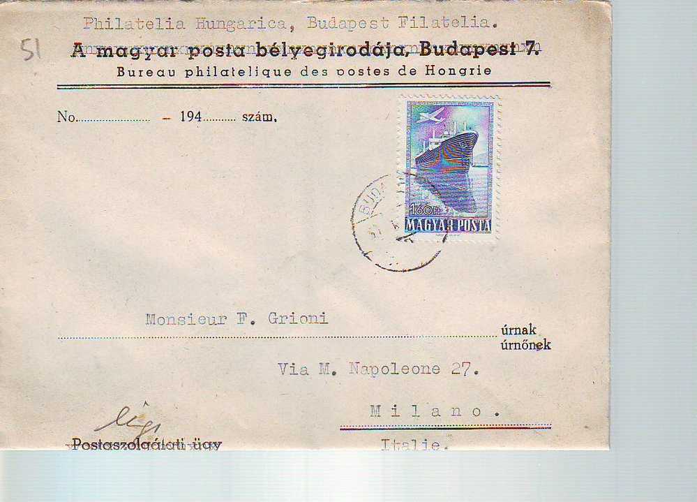 D51 Ungheria Magyar Ships Tematica Navi Cover - Lettres & Documents