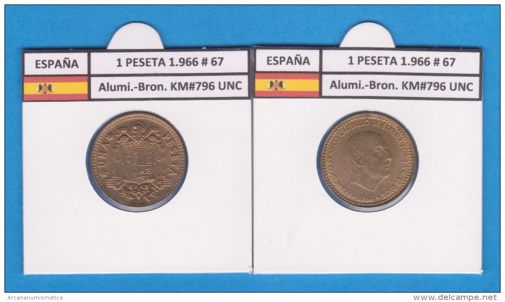 ESPAÑA / FRANCO   1  PESETA   1.966 #67  Aluminio-Bronce  KM#796  SC/UNC    T-DL-9255 - 1 Peseta