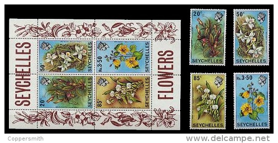 (006+38) Seychelles  Flowers Sheet / Bf / Bloc Fleurs / Blumen / Bloemen / Flora   ** / Mnh  Michel 282-85 + BL 1 - Seychelles (1976-...)