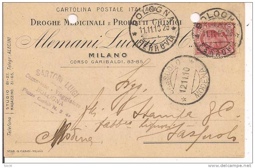 ALEMANI LUCINI - MILANO - CARTOLINA COMMERCIALE VIAGGIATA  1910 - TIMBRO POSTE BOLOGNA SASSUOLO - - Milano