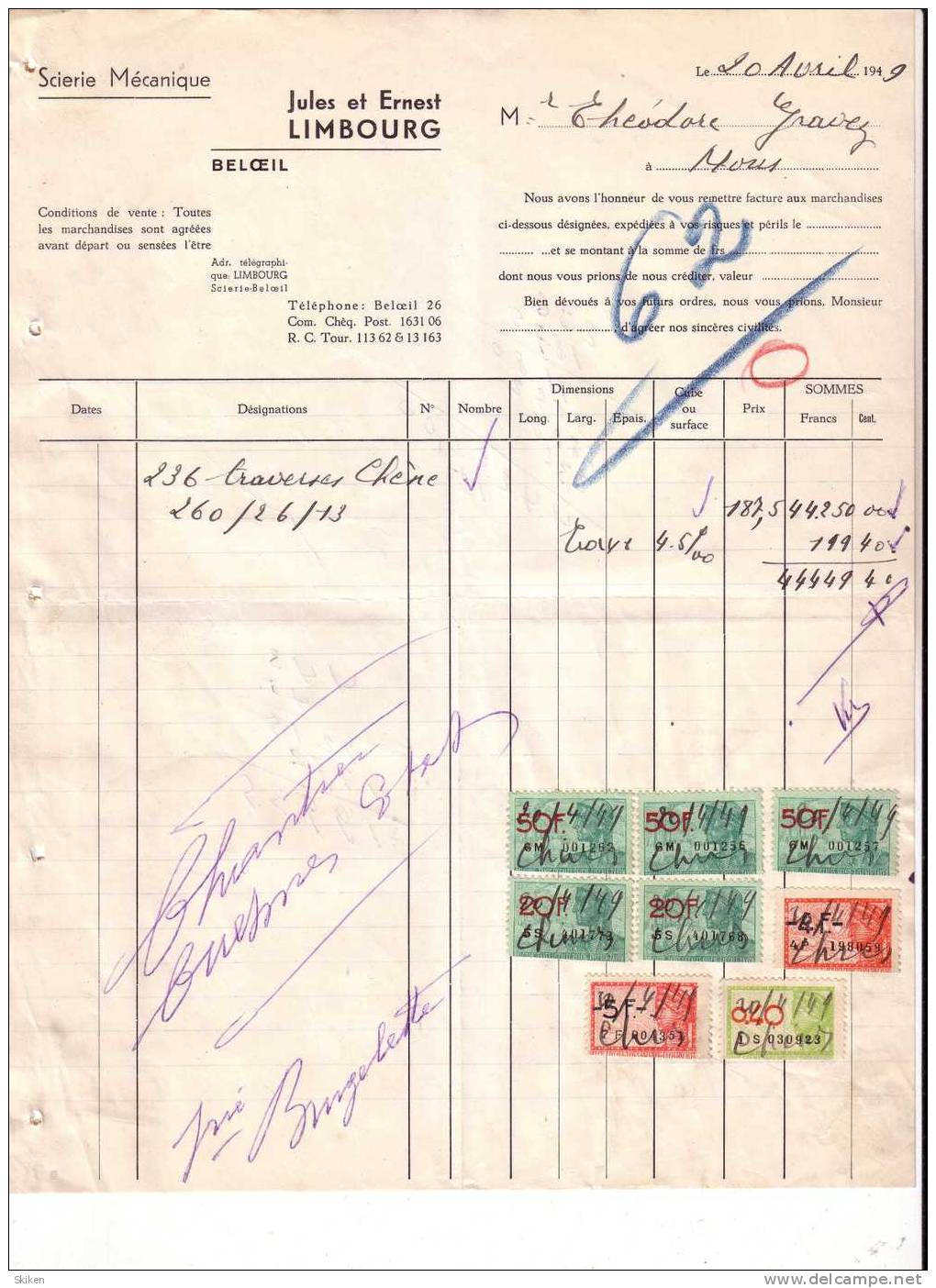 BELOEIL  JULES Et ERNEST LIMBOURG  Scierie Mecanique + Timbres Fiscaux  20.04.1949 - Autres & Non Classés