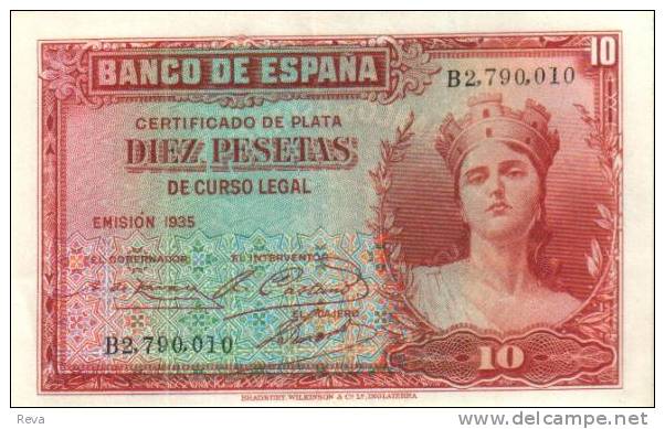 SPAIN 10 PESETAS RED WOMAN FRONT & EMBLEM BACK  DATED 1935 EF P.86 READ DESCRIPTION !! - 10 Pesetas