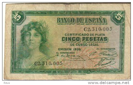 SPAIN 5 PESETAS GREEN WOMAN FRONT & EMBLEM BACK  DATED 1935 F+ P.85 READ DESCRIPTION !! - 5 Pesetas