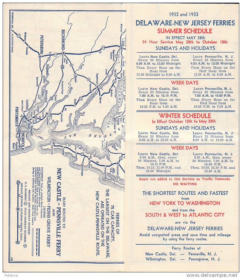 B0161 Brochure Turistica Fast Motor Routes NEW ENGLAND-SOUTH - WEST-ATLANTIC COAST - NEW CASTLE-PENNSVILLE FERRY 1933 - Turismo, Viajes