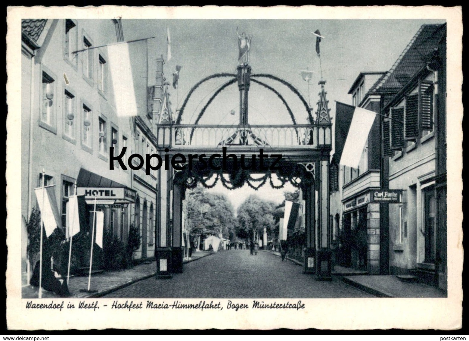 ALTE POSTKARTE WARENDORF HOCHFEST MARIA-HIMMELFAHRT BOGEN MÜNSTERSTRASSE CARL FUNKE UHREN SCHMUCK Flagge Flag Drapeau - Warendorf