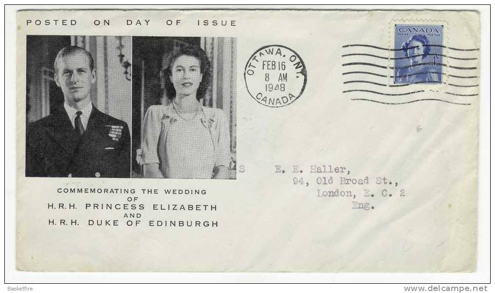 Commemorating The Wedding Of H.R.H. Princesse Elizabeth And H.R.H. Duke Of Edinburgh (1948, Posted On Day Of Issue) - HerdenkingsOmslagen