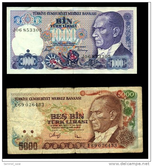 2 Alte Banknoten Türkei Türkiye 1000 + 5000 Lira Lirasi  1970 - Türkei