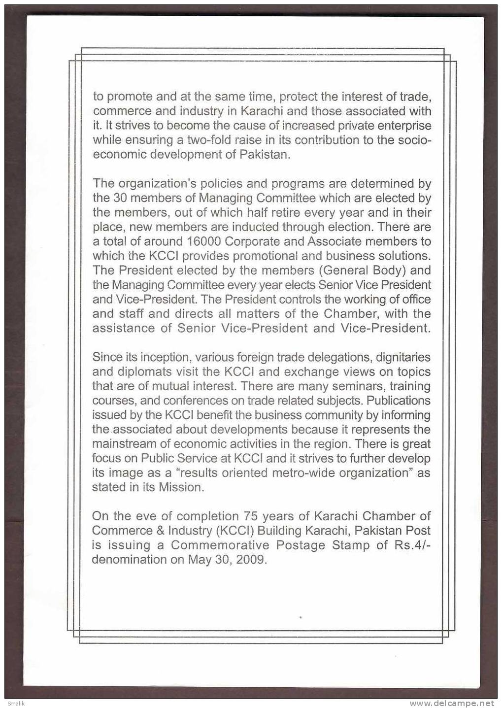 PAKISTAN 2009 - KCCI Building 75th Anniversary, Founded By Mahatma Gandhi, Stamped Leaflet With First Day Cancelled - Pakistan