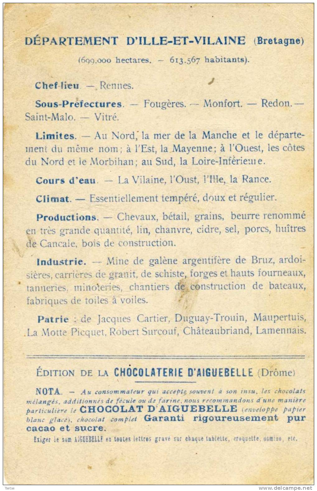 Carte Du Département D´Ille-et-Vilaine, Offert Par Les Chocolats D´Aiguebelle , Chocolaterie De La Drôme ( Voir Verso ) - Autres & Non Classés