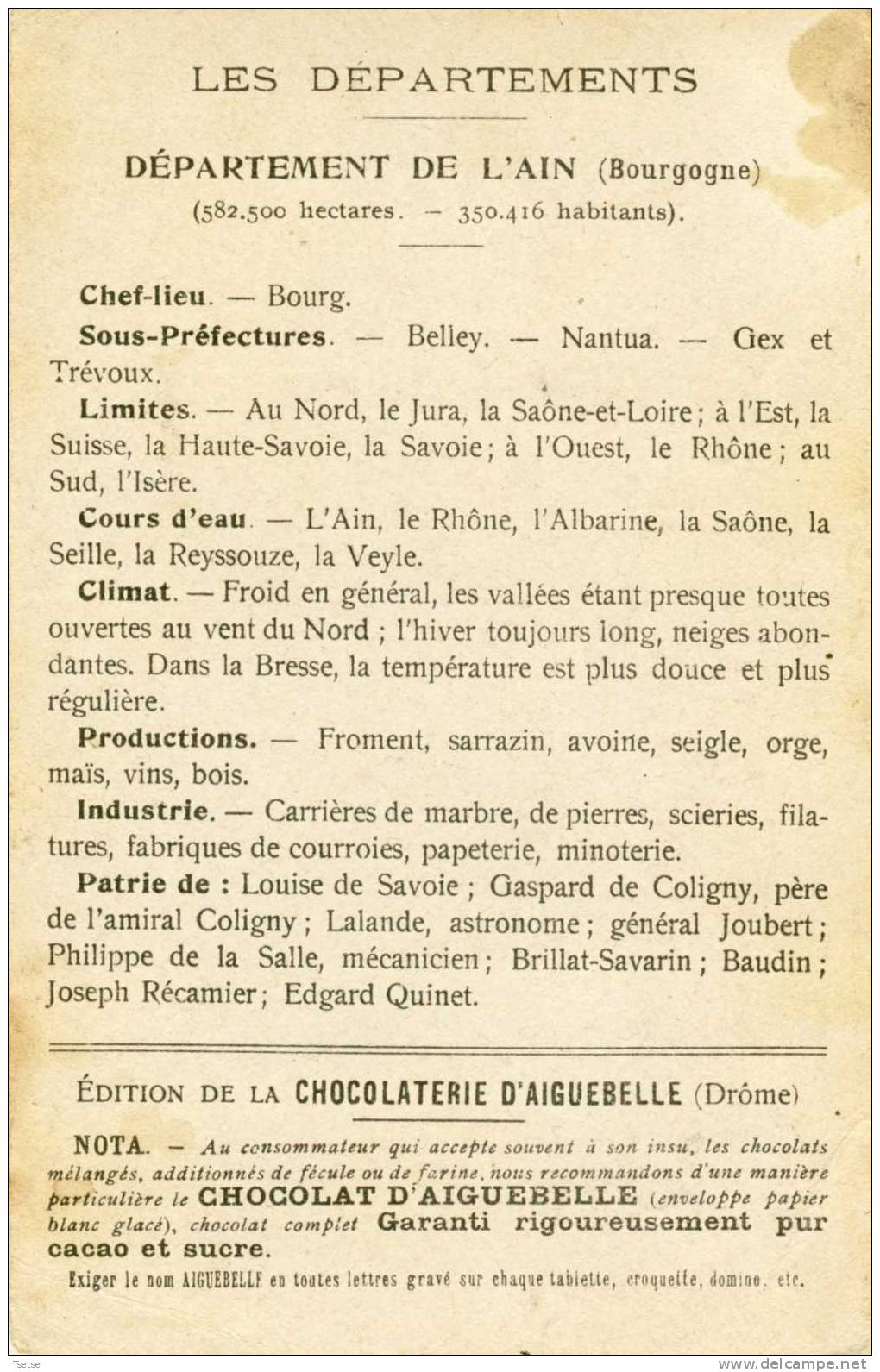 Carte Du Département De L´Ain, Offert Par Les Chocolats D´Aiguebelle , Chocolaterie De La Drôme ( Voir Verso ) - Autres & Non Classés