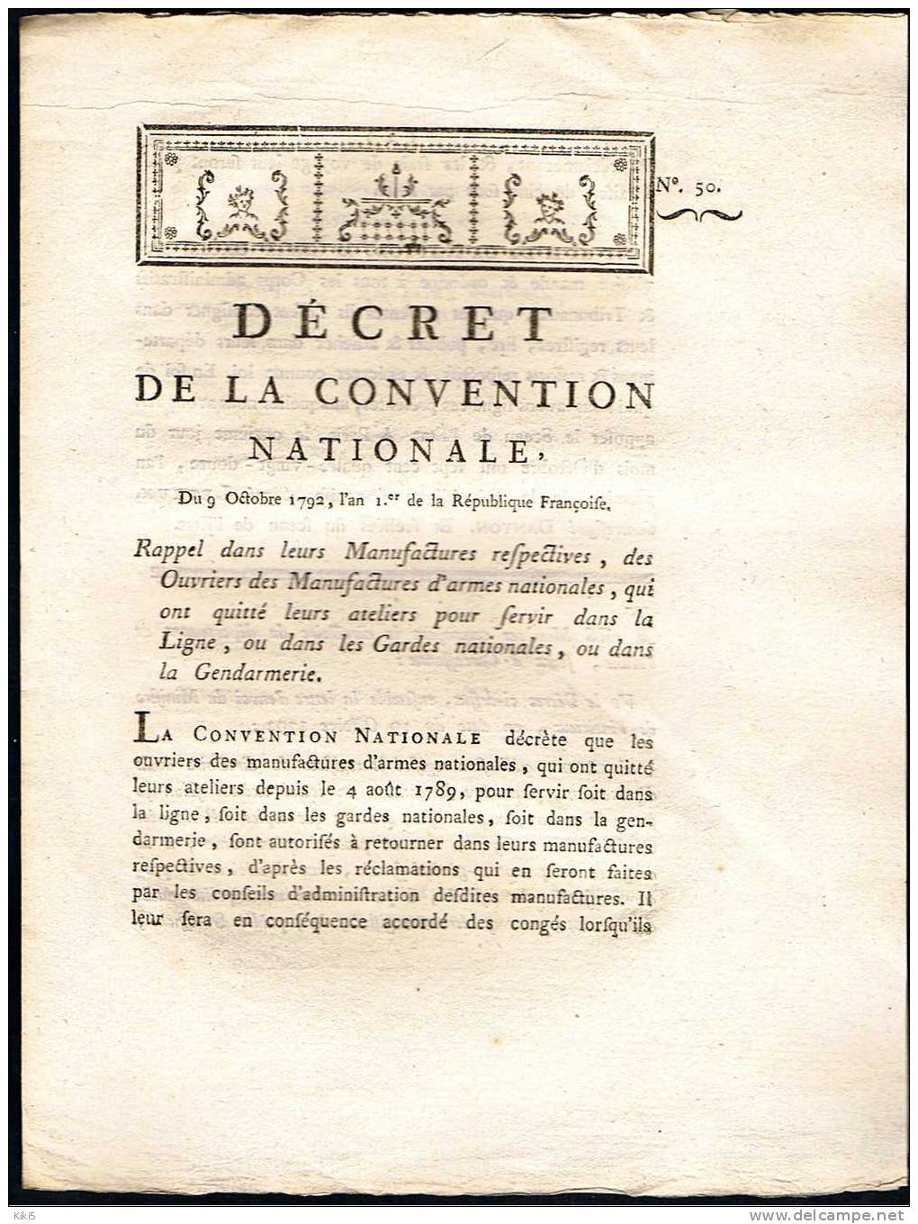 DECRET N° 50 Du 9 Octobre 1792 De L´an I° De La République - Wetten & Decreten