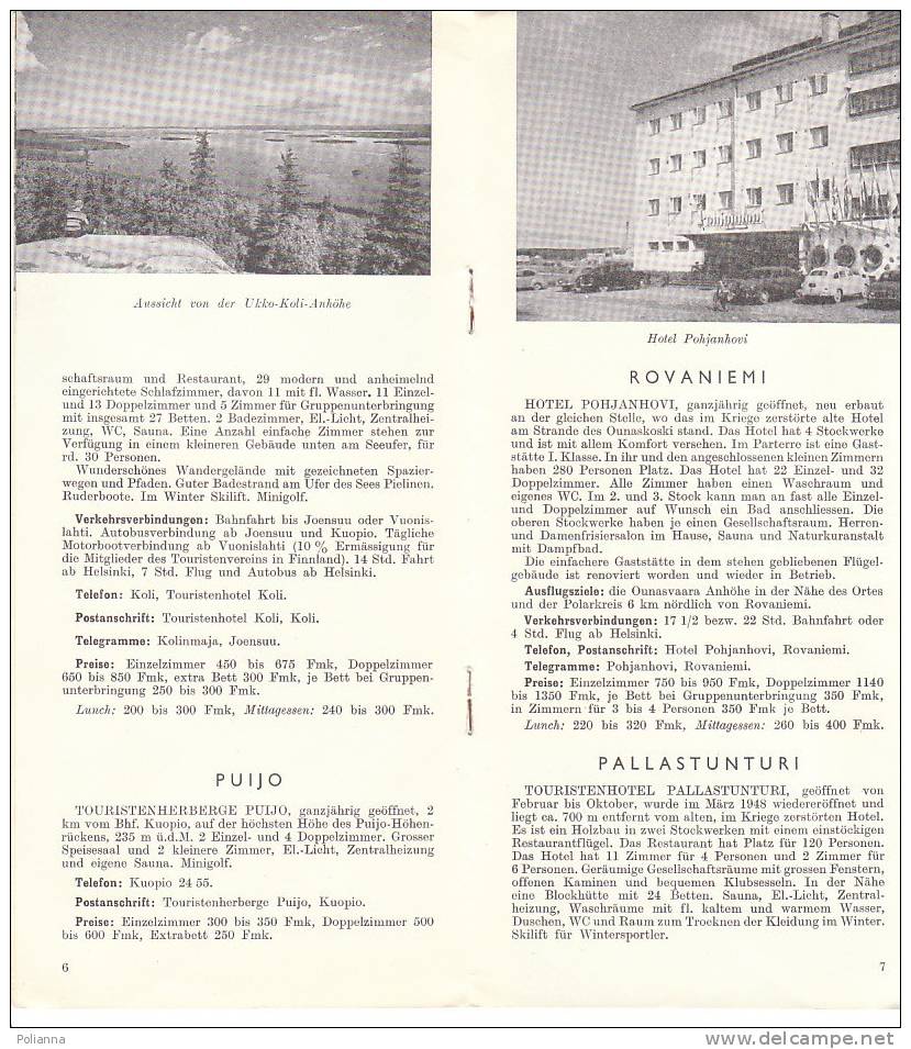 B0181 Brochure Turistica FINLANDIA 1955/Airisto/Hotel Aulanko/Punkaharju/Hotel Pohjanhovi/Restaurant Walhalla - Turismo, Viajes