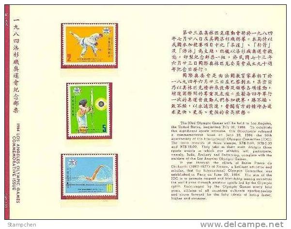 Folder Taiwan 1984 Olympic Games Stamps Sport Judo Archery Swimming - Ongebruikt