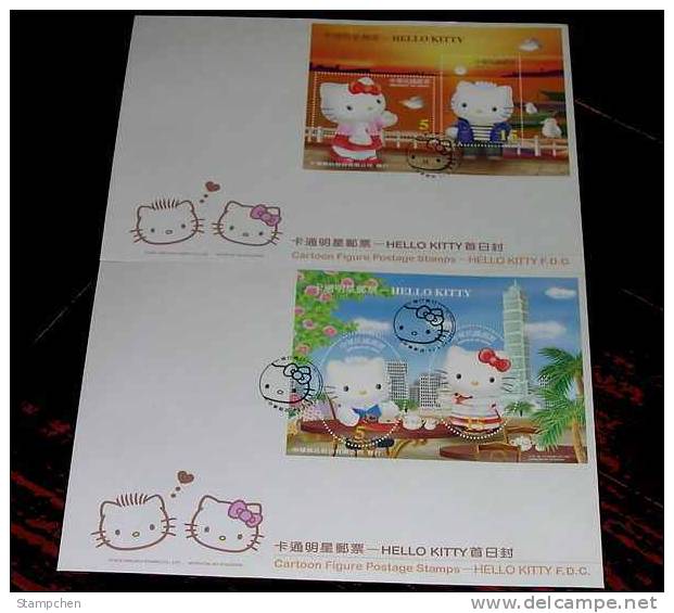 FDC 2004 Hello Kitty Stamps S/s Cartoon Sunset Oval Wharf Bird Taipei 101 Coffee - Climat & Météorologie