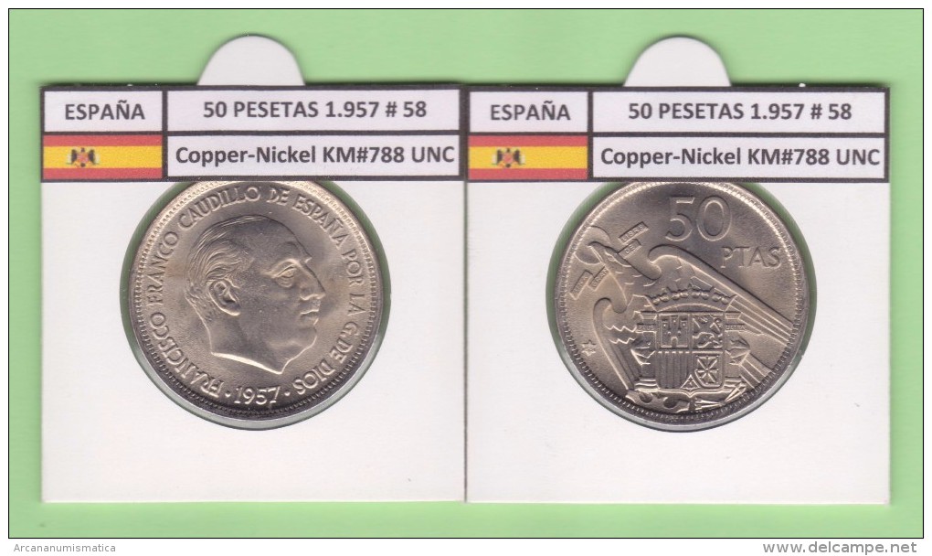 ESPAÑA / FRANCO   50  PESETAS   1.957 #58  CU NI  SC/UNC  KM#788     T-DL-9314 - 50 Peseta