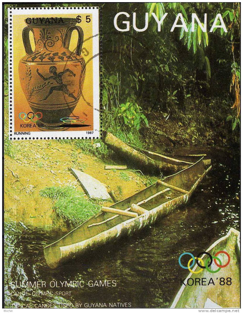 Olympia Kunst 1987 GUYANA 2063 Plus Block C20 O 26€ Vase Mit Antiken Griechischen Läufer Olympic Sheet Art Bloc Sport Bf - Canoa