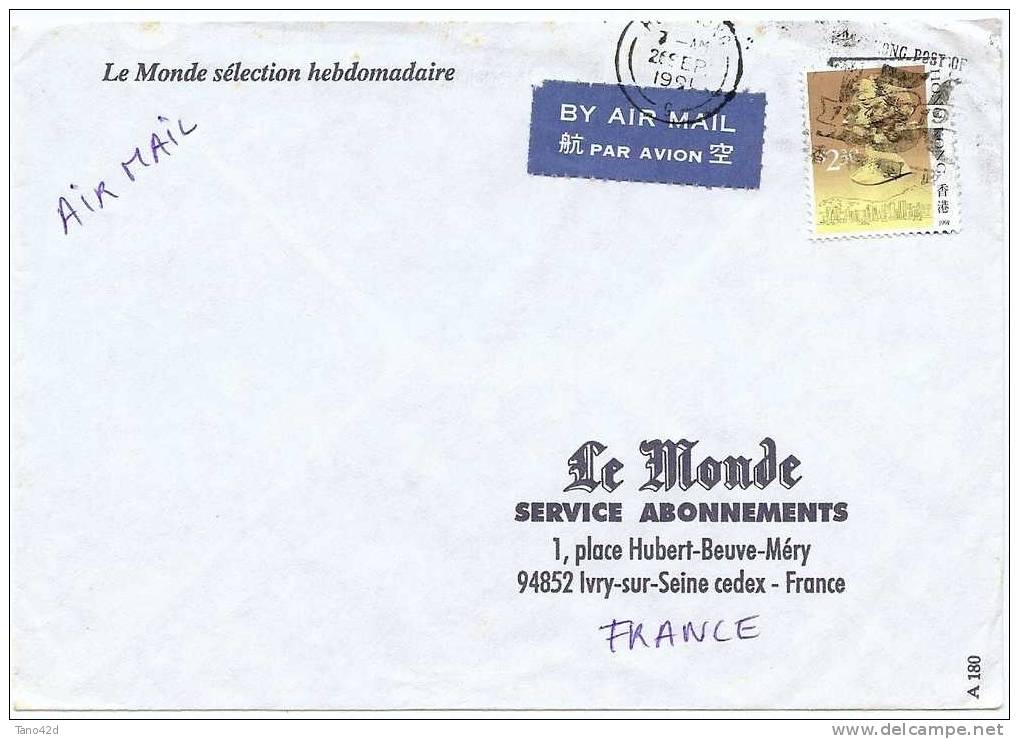 REF LGM - HONG KONG - LETTRE AVION A DESTINATION DE PARIS 22/9/1991 - Sonstige & Ohne Zuordnung