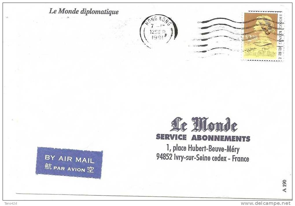 REF LGM - HONG KONG - LETTRE AVION A DESTINATION DE PARIS 12/9/1991 - Sonstige & Ohne Zuordnung