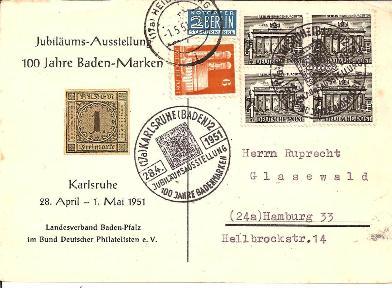 Bi-B050a/ Bauten 6 Pfg. Mi.Nr. 77. Sonderkarte, Stempel 100 Jahre Badenmarken - Lettres & Documents