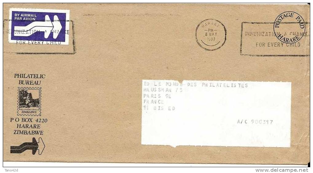 REF LGM - ZIMBABWE  - LETTRE AVION  HARARE / PARIS 8/5/1987 - Zimbabwe (1980-...)