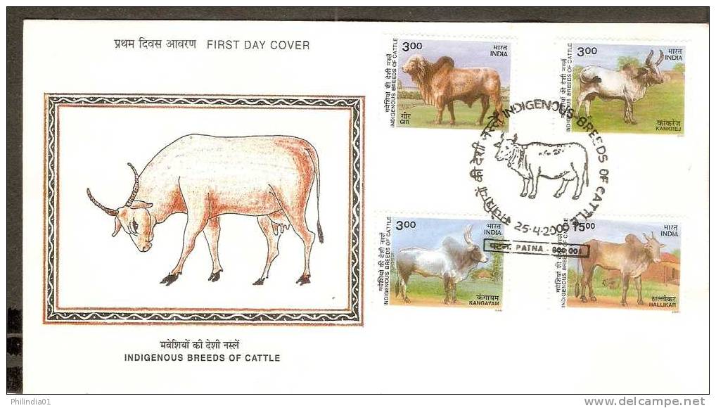 India 2000 Indigenous Breeds Of Cattle Animals Cow 4v FDC # B1166 - Vaches