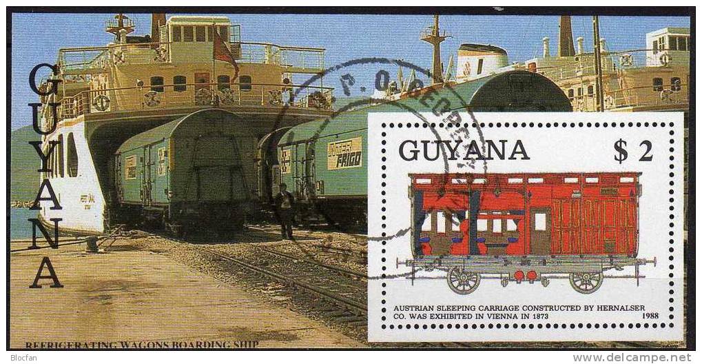 Historische Loks Und Wagen 1989 GUYANA 2477+ Block 35 O 10€ Eisenbahn Waggon Hernalser Schlafwagen Österreich 1873 Sheet - Guyana (1966-...)