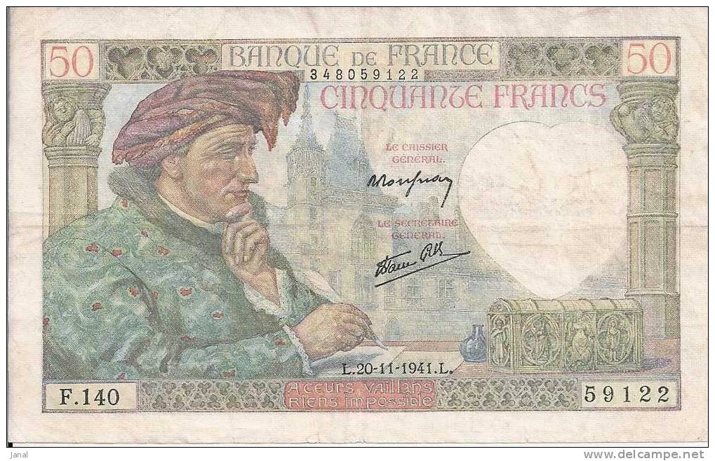 - FRANCE - BILLETS  - 50 F - JACQUES COEUR - L - 20 - 11 - 1941 - L - N° - 59122 - 50 F 1940-1942 ''Jacques Coeur''