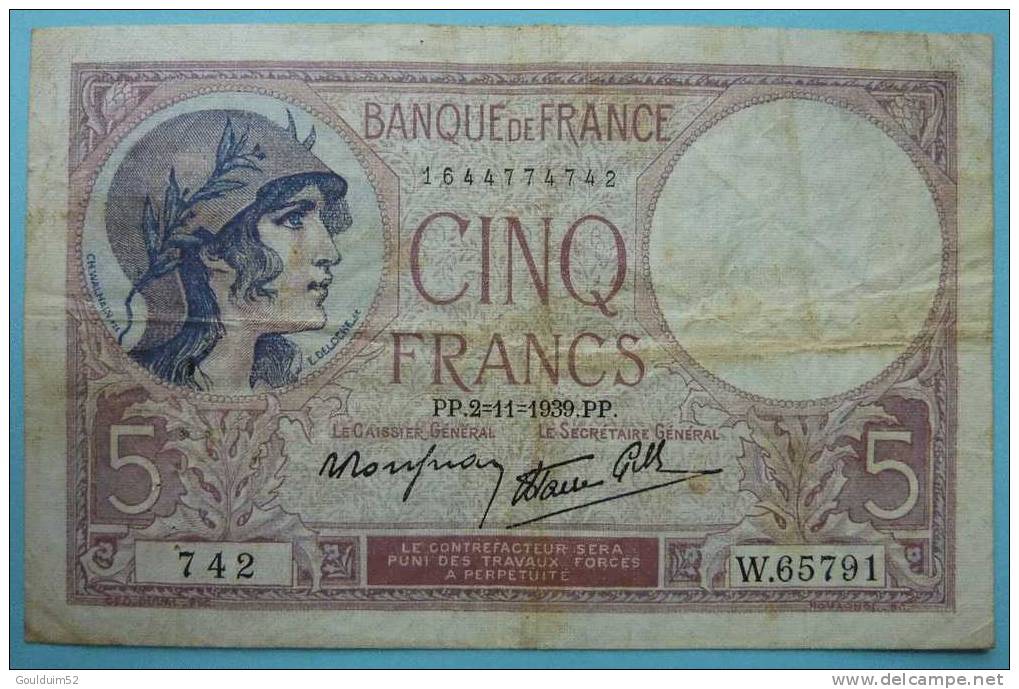 5 Francs  2.11.1939    Violet - 5 F 1917-1940 ''Violet''