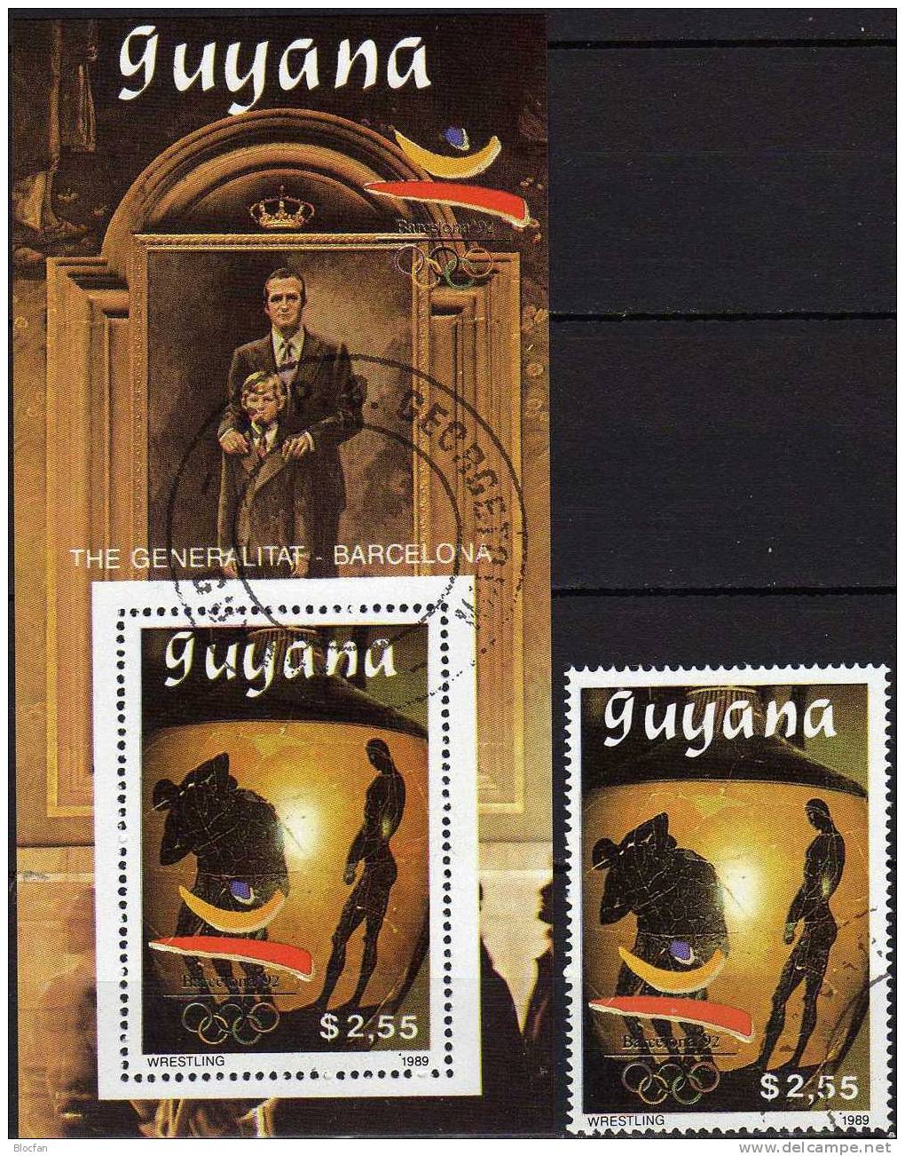 Olympiade Barcelona 1992 GUYANA 3069+Block 70 O 17€ Antike Vase-Zeichnug Athleten Beim Ringen Olympic Sheet Bf America - Lutte