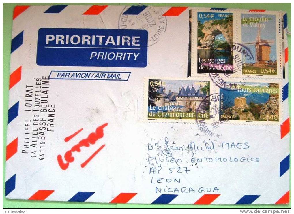 France 2006 Cover To Nicaragua - Wind Mill Tourism Buildings Pont D´Arc Chaumont-sur-Loire Castle River - Covers & Documents