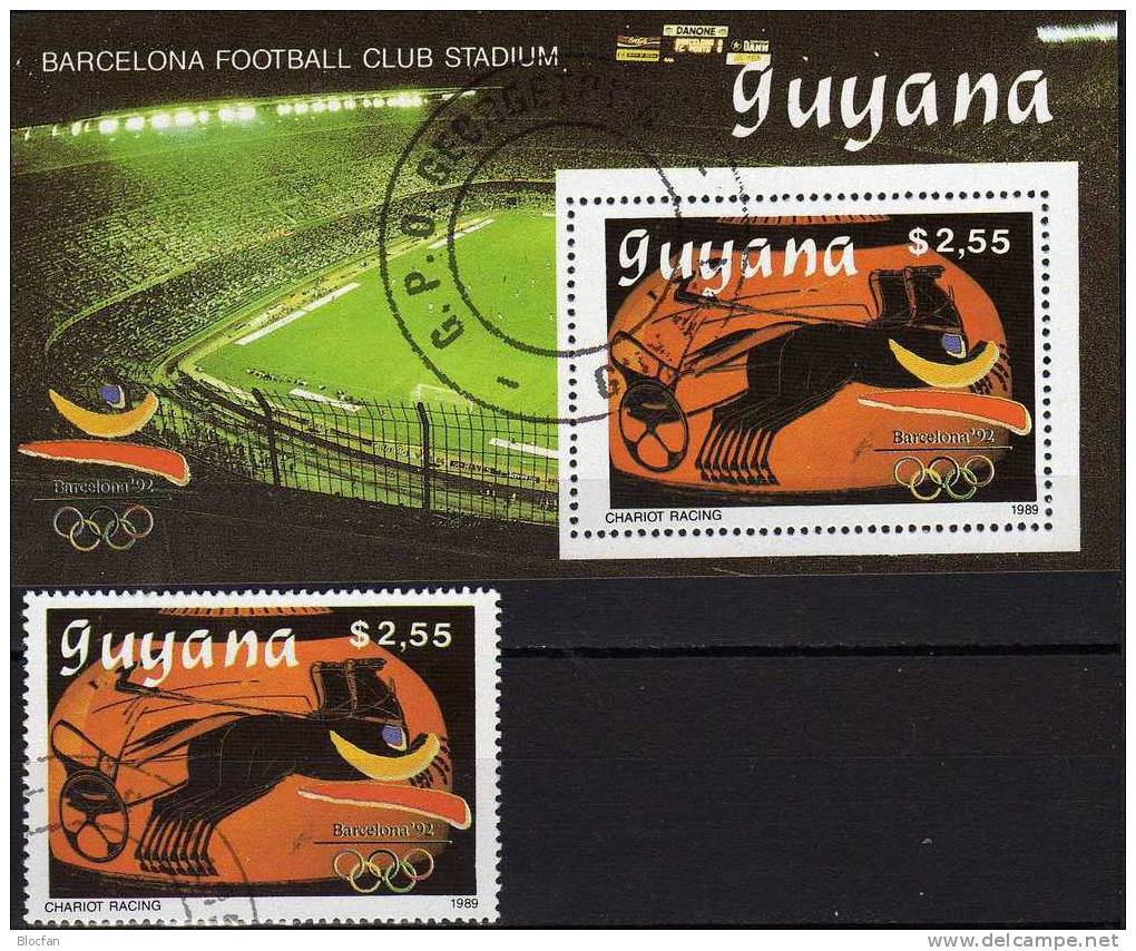 Olympiade Barcelona GUYANA 3066+ Block 67 O 17€ Antike Vase - Zeichnug Athleten Beim Wagenrennen - Zomer 1992: Barcelona