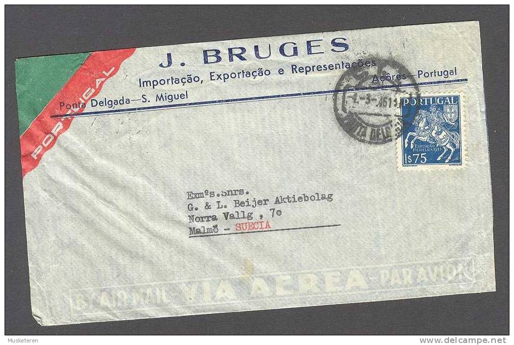 Portugal Airmail Par Avion J. BRUGES Ponta Delgada - S. Miguel 1946 Cover To Malmöe Suecia Sweden (2 Scans) - Lettres & Documents