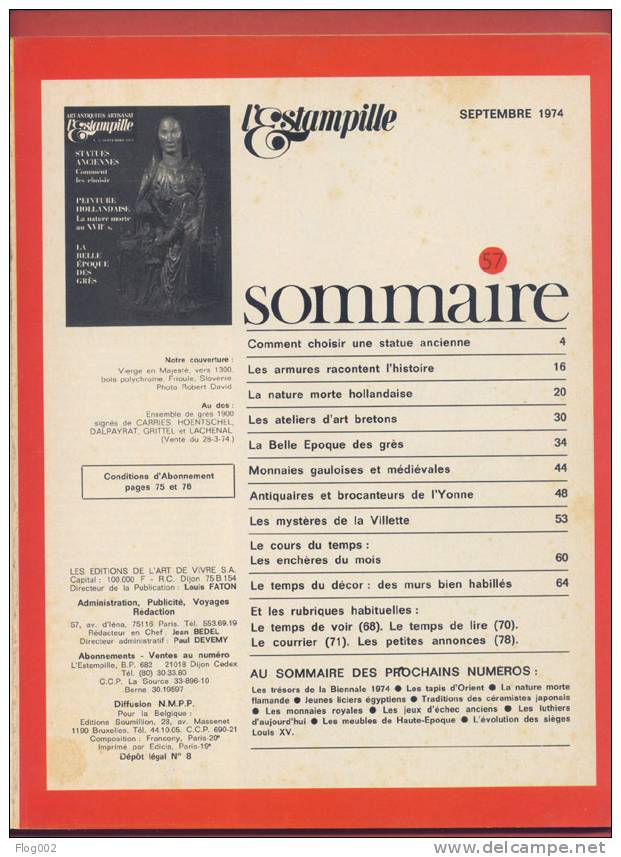 Revue L´Estampille 57 : Sculpture , Grès Arts Déco, Art Breton, Peinture Hollandaise Du XVIIe, Monnaies ,armures - Autres & Non Classés