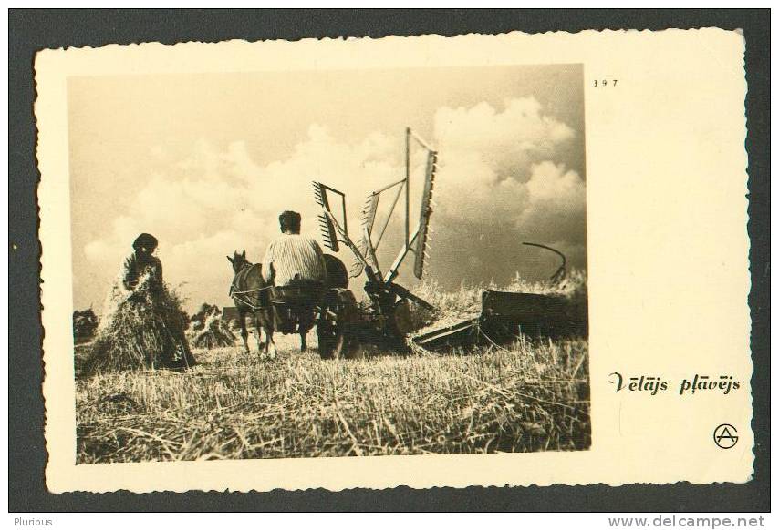 LATVIA, HAY TOSSING WITH HORSE , HAYMAKER, VINTAGE POSTCARD - Farms