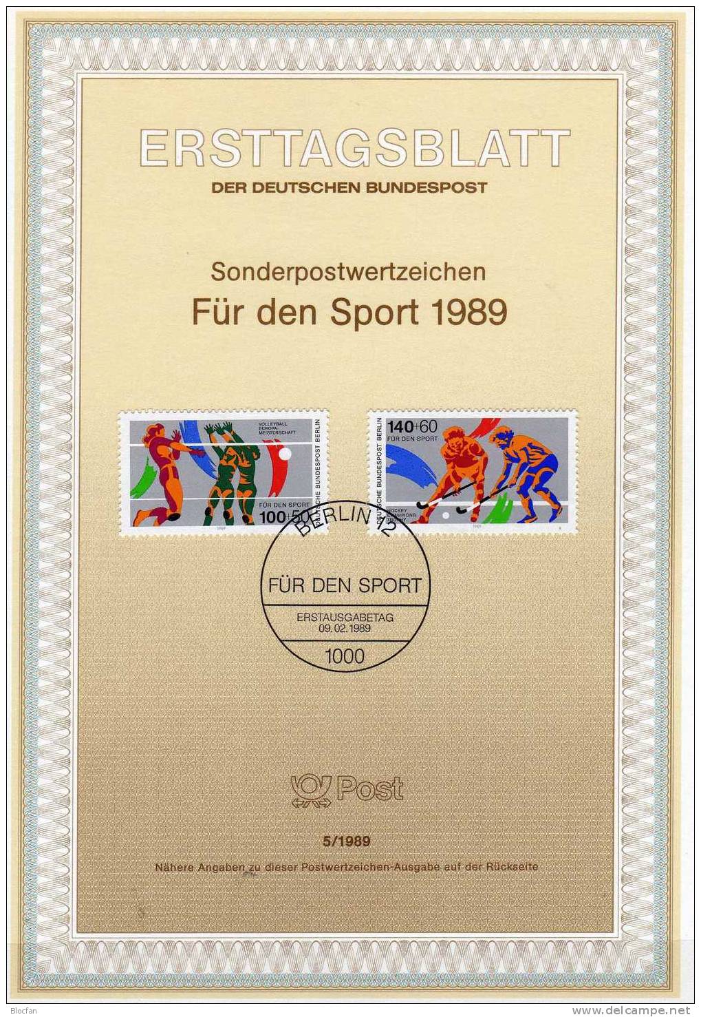 Sport-Hilfe ETB 5/89 Berlin 836/7 SST 5€ Volleyball EM Hamburg/Karlsruhe/Stuttgart Hockey WM Berlin Document Bf Germany - Volley-Ball