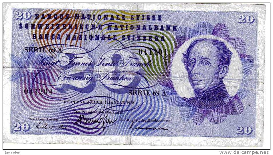 BILLET SUISSE - P.46r (signe 42) - 5 JANVIER 1970 - 20  FRANCS SUISSE - GENERAL GUILLAUME HENRI DUFOUR - FLEUR ALPINE - Suiza