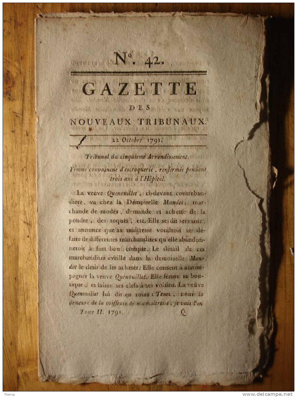 GAZETTE DES TRIBUNAUX NOUVEAUX N°42 Du 22 OCTOBRE 1791 - FEMME CONVAINCUE D' ESCROQUERIE - NOUVEAU CODE CIVIL EN PRUSSE - Giornali - Ante 1800