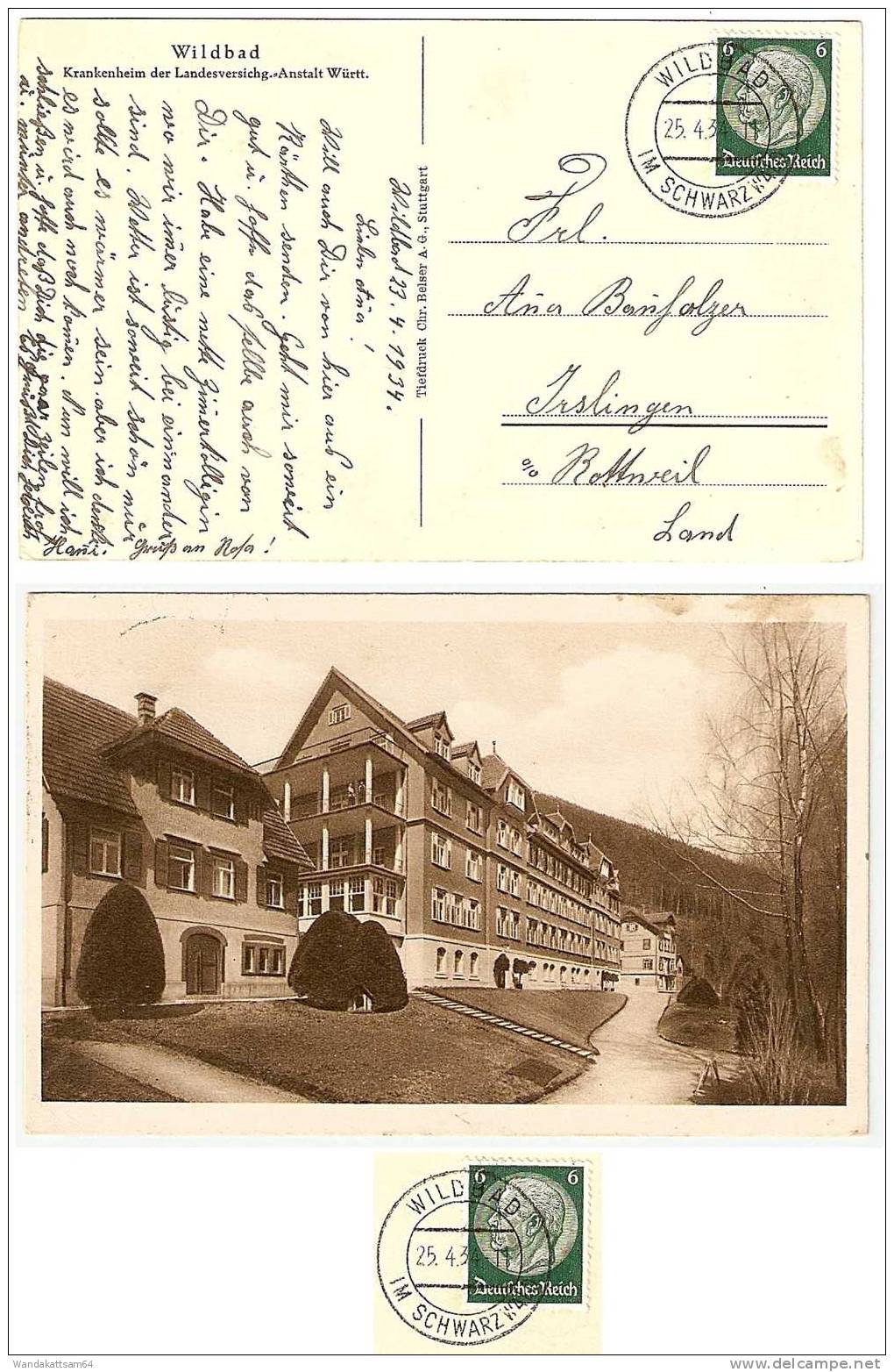 AK Wildbad Krankenheim Der Landesversichg.-Anstalt Württ. 25.4.34 - 11 WILDBAD IM SCHWARZWALD Nach Irslingen B. Rottweil - Calw