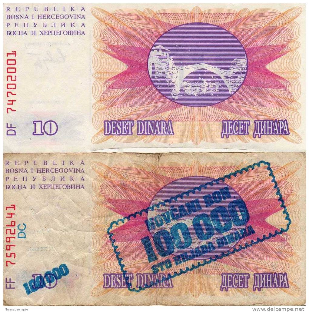 Bosnie-Herzegovine : 10 Dinara 01/07/1992 & 100000 Dinara 10/11/1993 - Bosnia Y Herzegovina