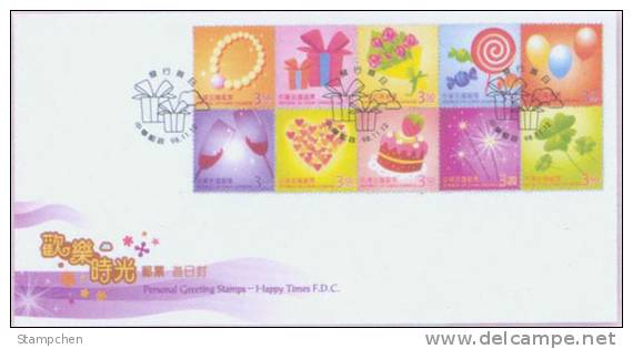 FDC 2009 Happy Times Stamps Champagne Liquor Wine Pearl Bouquet Rose Candy Balloon Heart Cake Clover Strawberry - Vins & Alcools