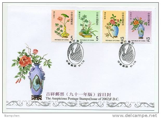 FDC Taiwan 2002 Auspicious Stamps Flower Lotus Orchid Peony Osmanthus Bonsai Chrysanthemums Rose - FDC